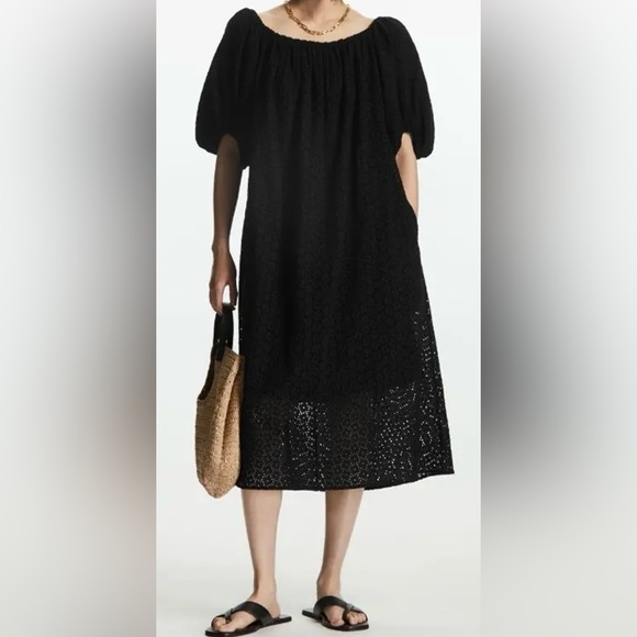 COS Women’s Off-The-Shoulder Broderie Anglaise Midi Dress Black - Picture 1 of 9